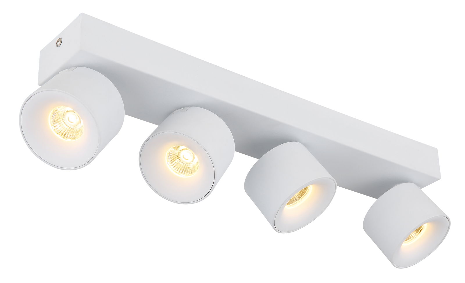 LED Strahler mit vier verstellbaren Leuchten in weißer Ausführung, seitliche Perspektive