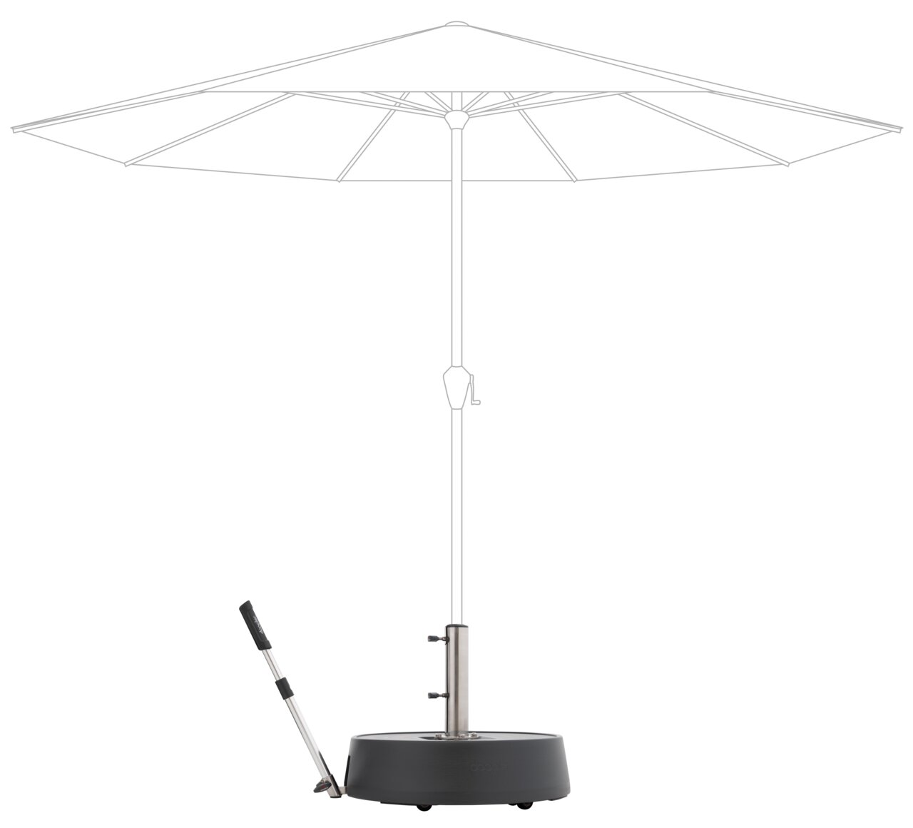 Rollsockel Easy Move Switch mit Schirmhalterung, seitliche Perspektive