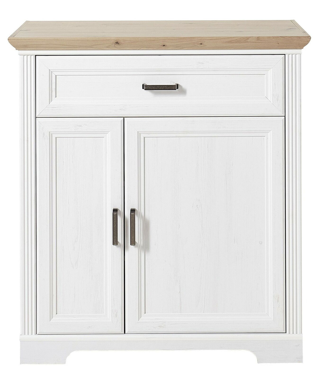 Weißer Schuhschrank mit Holzplatte, frontal fotografiert