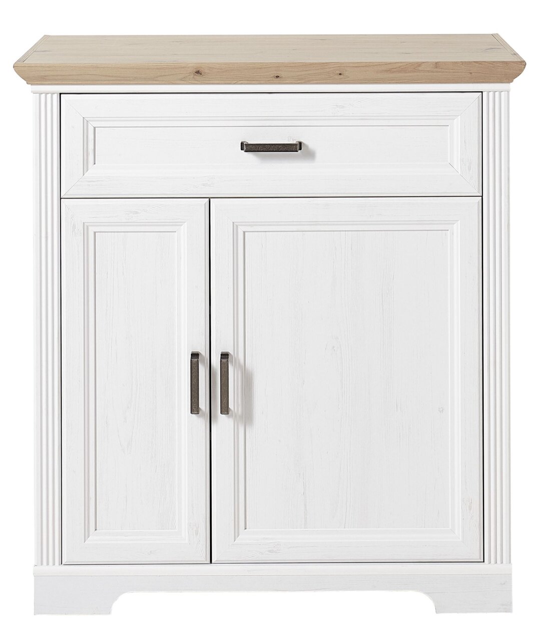 Weißer Schuhschrank mit Holzplatte, frontal fotografiert