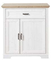 Weißer Schuhschrank mit Holzplatte, frontal fotografiert