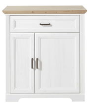 Weißer Schuhschrank mit Holzplatte, frontal fotografiert