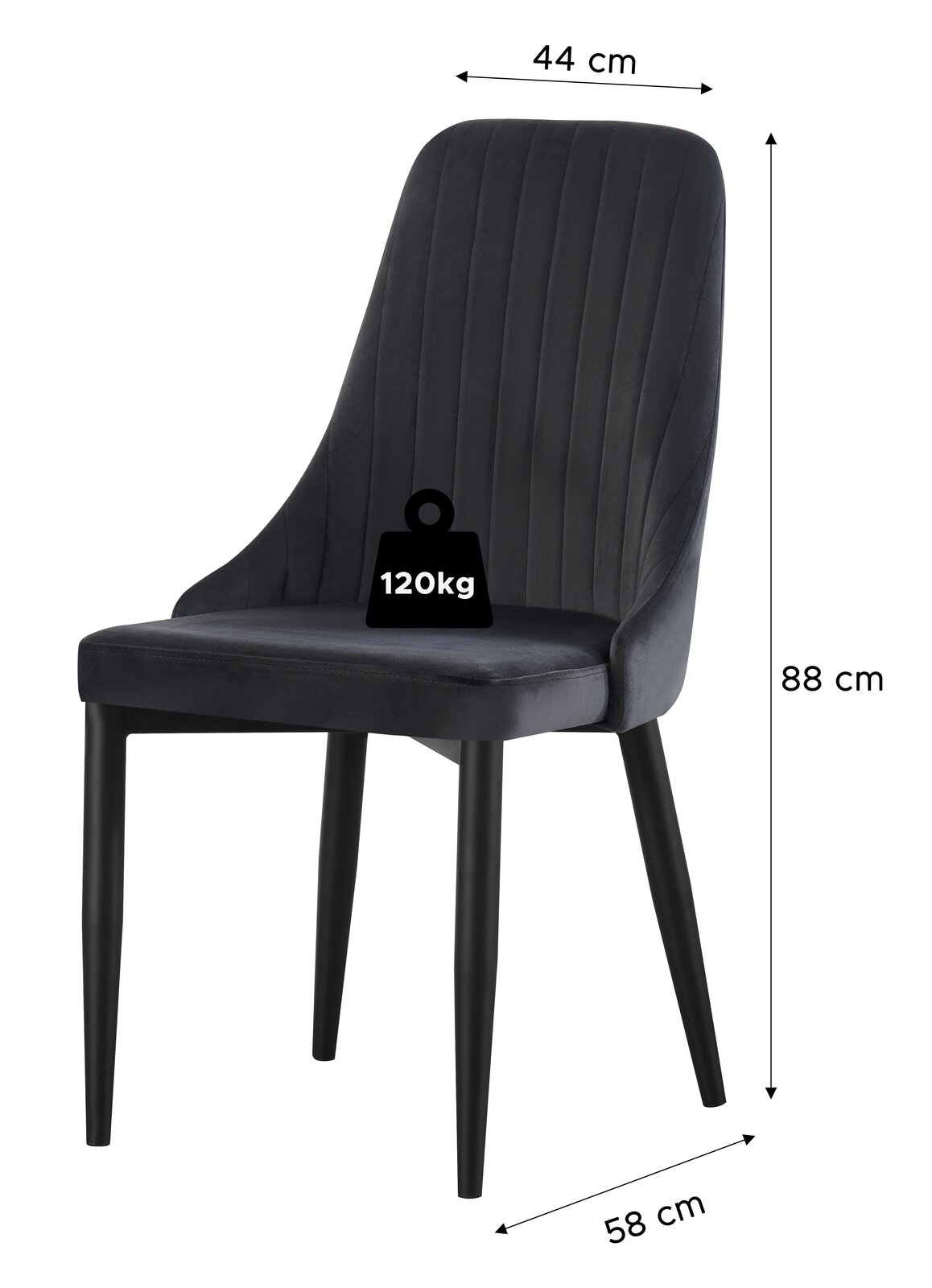 Gepolsterter Esszimmerstuhl in Dunkelgrau mit vertikaler Steppung und schwarzen Beinen, Maße ca. 88 cm hoch, 44 cm breit und 58 cm tief, belastbar bis 120 kg, Ansicht schräg von vorne.