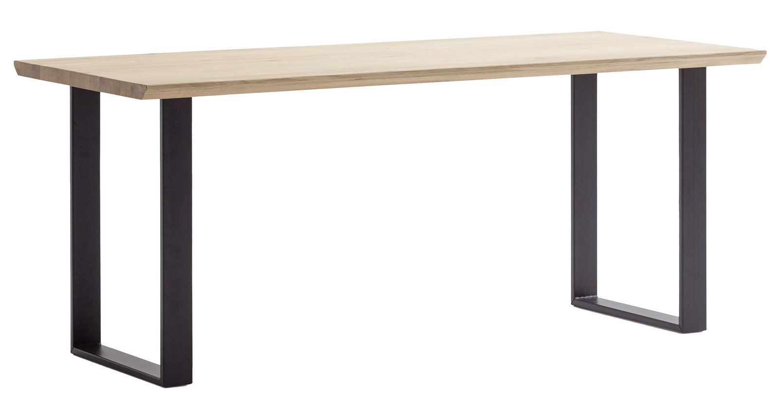 Moderner Schreibtisch mit Holzplatte und schwarzen Metallbeinen, seitliche Perspektive