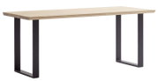 Moderner Schreibtisch mit Holzplatte und schwarzen Metallbeinen, seitliche Perspektive