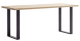 Moderner Schreibtisch mit Holzplatte und schwarzen Metallbeinen, seitliche Perspektive
