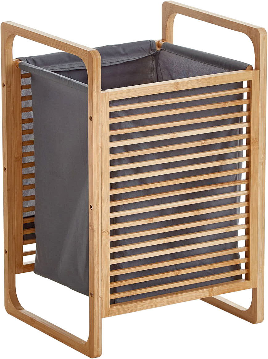 Bambus-Wäschekorb mit grauem Stoffeinsatz und Lamellen-Seiten, freistehend, in schräger Vorderansicht