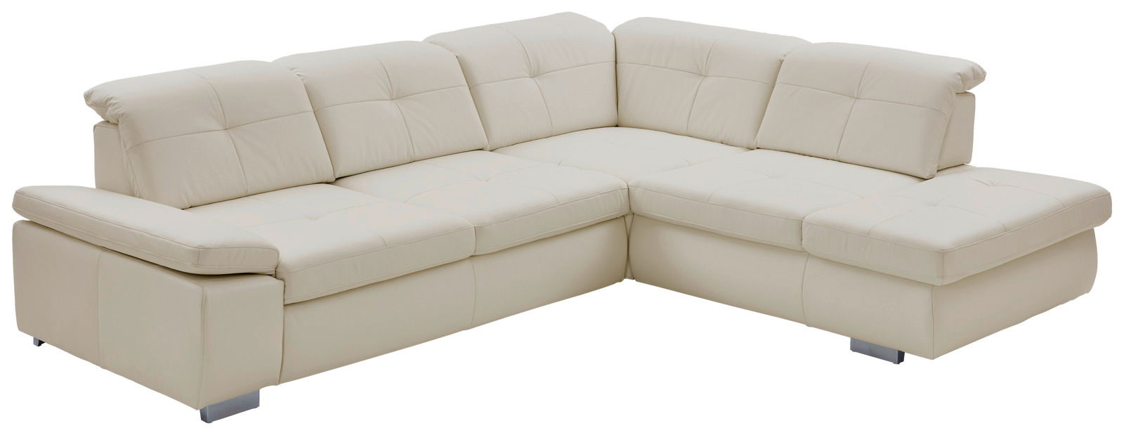 Beldomo Premium Ecksofa AUSTIN-L Eckgarnitur in cremefarbenem Leder, perspektivisch von vorne links fotografiert.