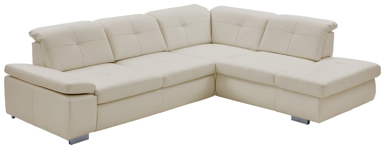Beldomo Premium Ecksofa AUSTIN-L Eckgarnitur in cremefarbenem Leder, perspektivisch von vorne links fotografiert.