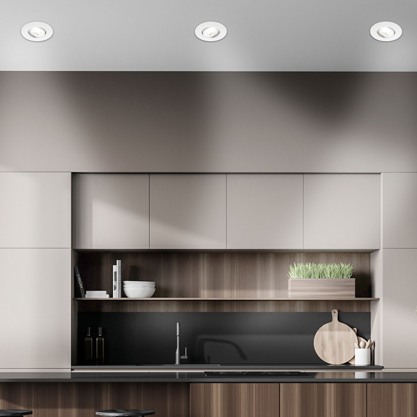 Drei LED-Einbauleuchten in einer modernen Küchenumgebung, Deckenansicht