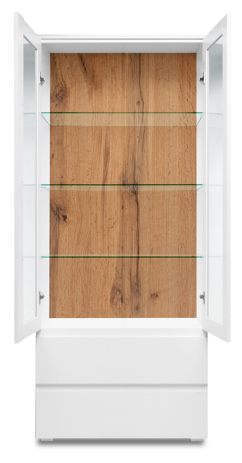 Vitrine mit Holzrückwand und Glaseinlegeböden, frontale Ansicht