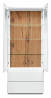 Vitrine met houten achterwand en glazen legplanken, vooraanzicht