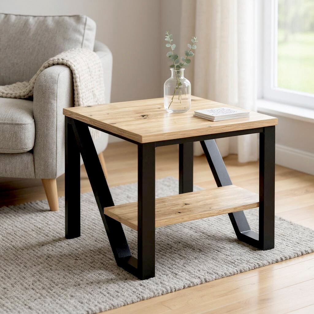 Zurbrüggen Beistelltisch Moderner Beistelltisch mit heller Holzplatte und schwarzem Metallgestell samt Ablage, im Wohnzimmer neben einem grauen Sofa; Perspektive: leicht schräg von vorne auf Tischhöhe.