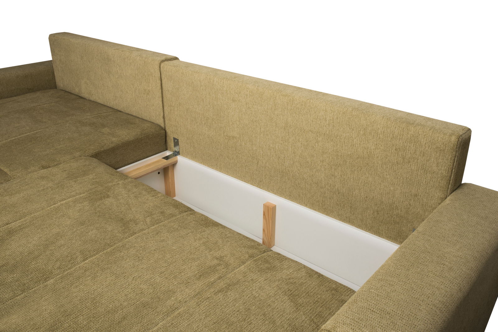 Rundecke in olivgrünem Stoffbezug, Ansicht von oben mit sichtbarem Stauraum unter den Sitzpolstern.