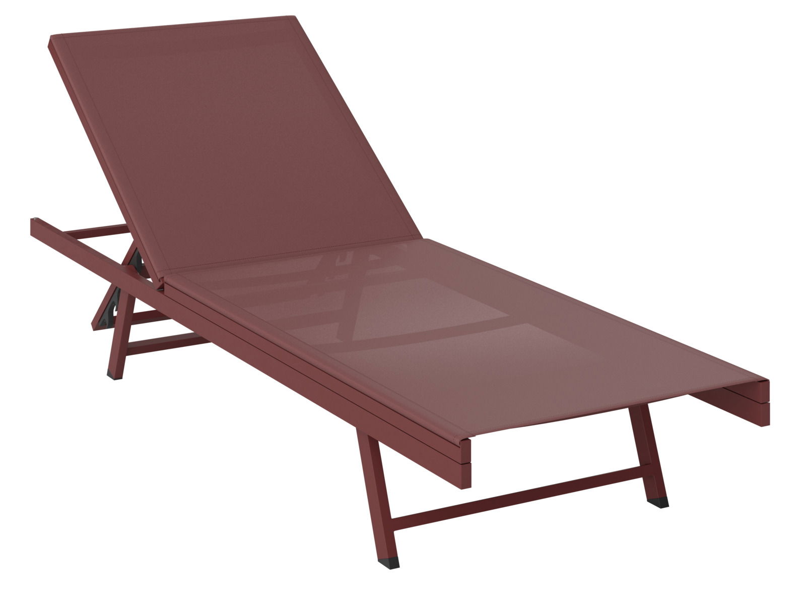 Rote Sonnenliege aus Metall mit verstellbarer Rückenlehne, seitliche Perspektive