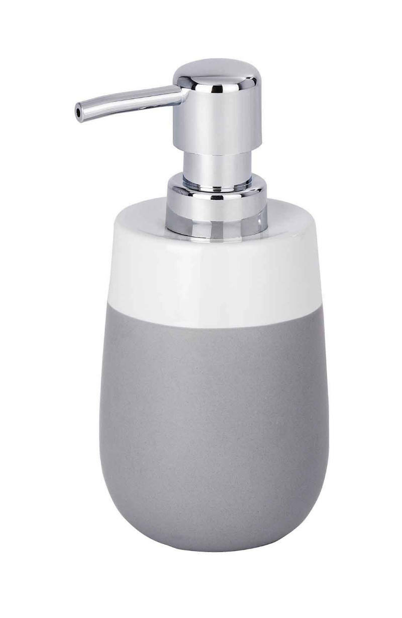 Keramik Seifenspender Malta in Grau und Weiß, seitliche Perspektive