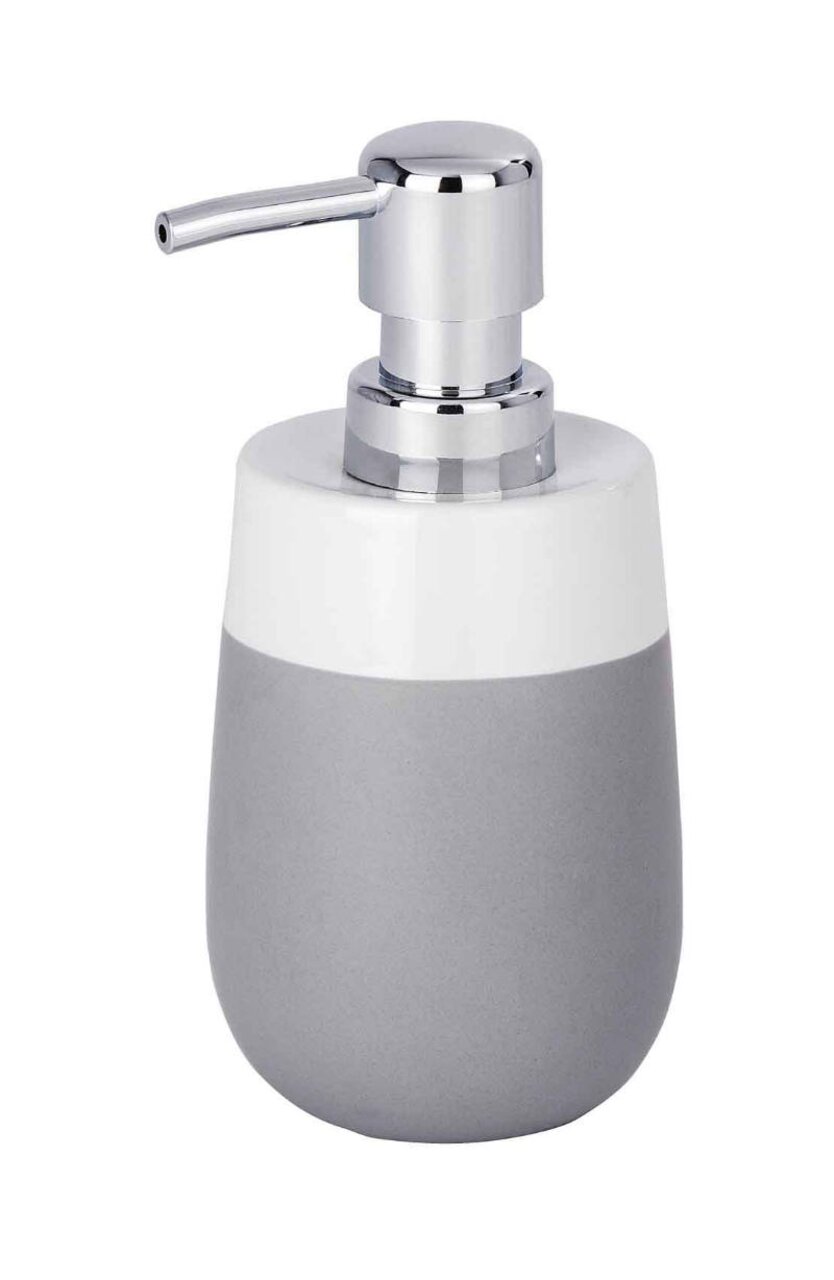 Keramik Seifenspender Malta in Grau und Weiß, seitliche Perspektive