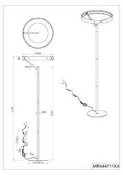 Technische Strichzeichnung einer modernen Stehleuchte mit ringförmigem Leuchtenkopf (Ø 500 mm), schlankem Stab und rundem Standfuß, inklusive Kabel und Fußschalter; gezeigt in Vorderansicht, Draufsicht und perspektivischer Seitenansicht mit Maßangaben.