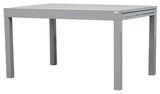 Moderner grauer Gartentisch aus Metall, seitliche Perspektive