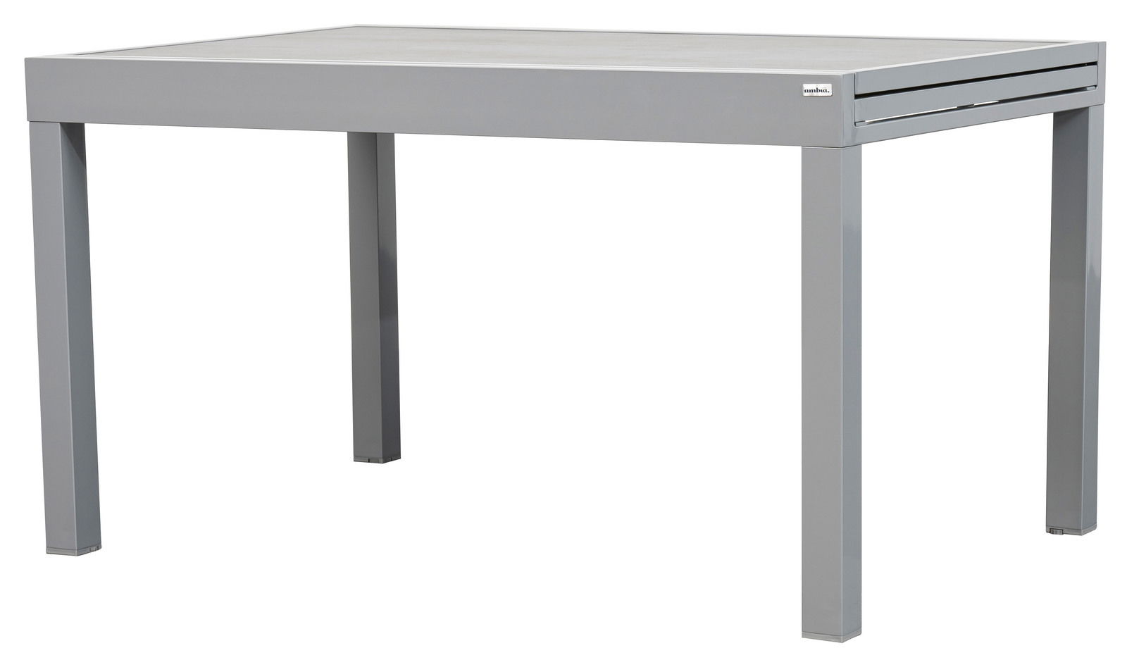 Moderner grauer Gartentisch aus Metall, seitliche Perspektive