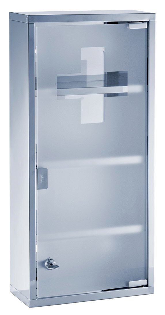 Medizinschrank aus Edelstahl und Glas mit Kreuzsymbol auf der Tür, seitliche Perspektive