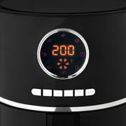 Nahaufnahme der digitalen Anzeige einer schwarzen Heißluftfritteuse mit Temperaturanzeige und verschiedenen Symbolen für Kochmodi.