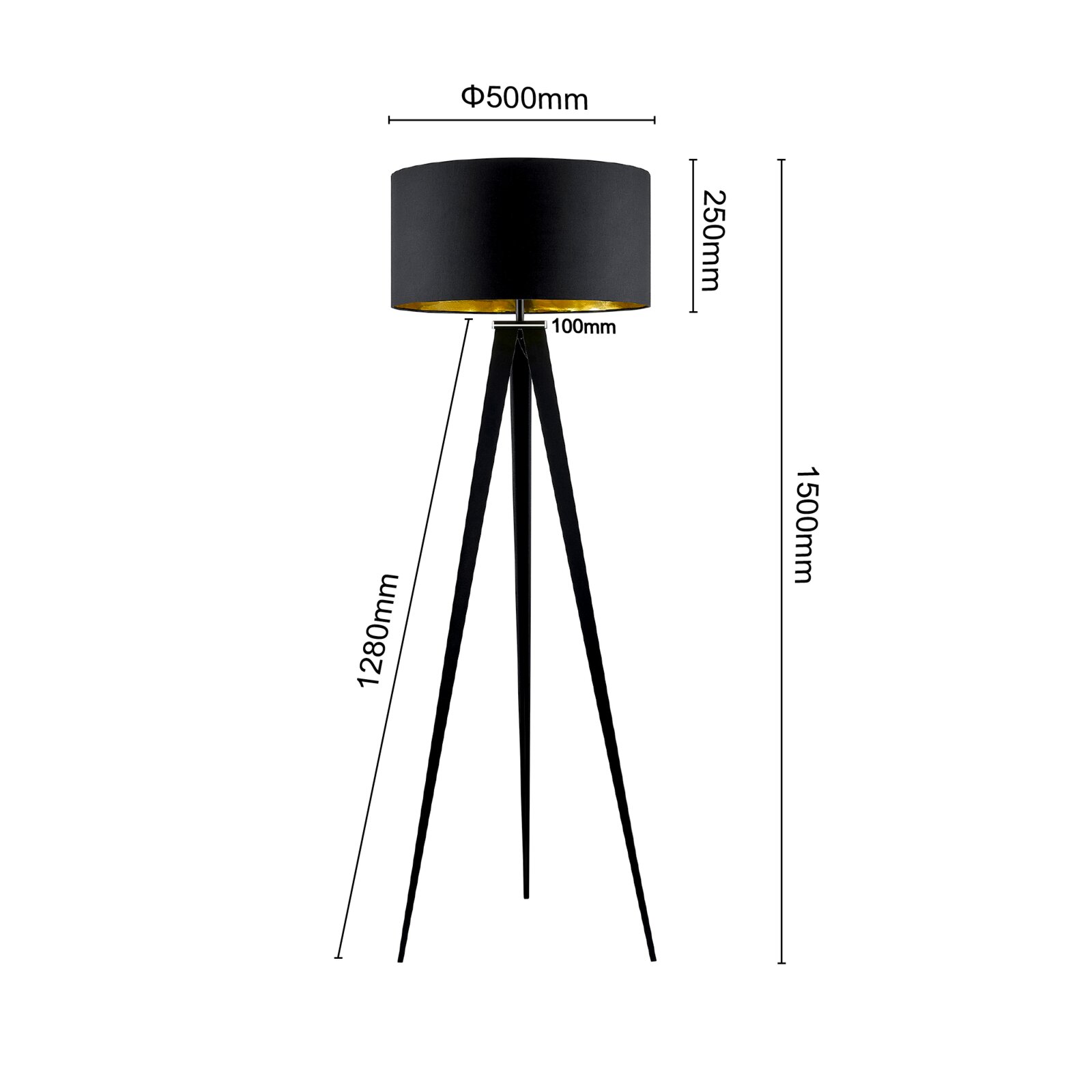 Moderne schwarze Stehleuchte mit dreibeinigem Stativ und rundem Lampenschirm, seitliche Perspektive.