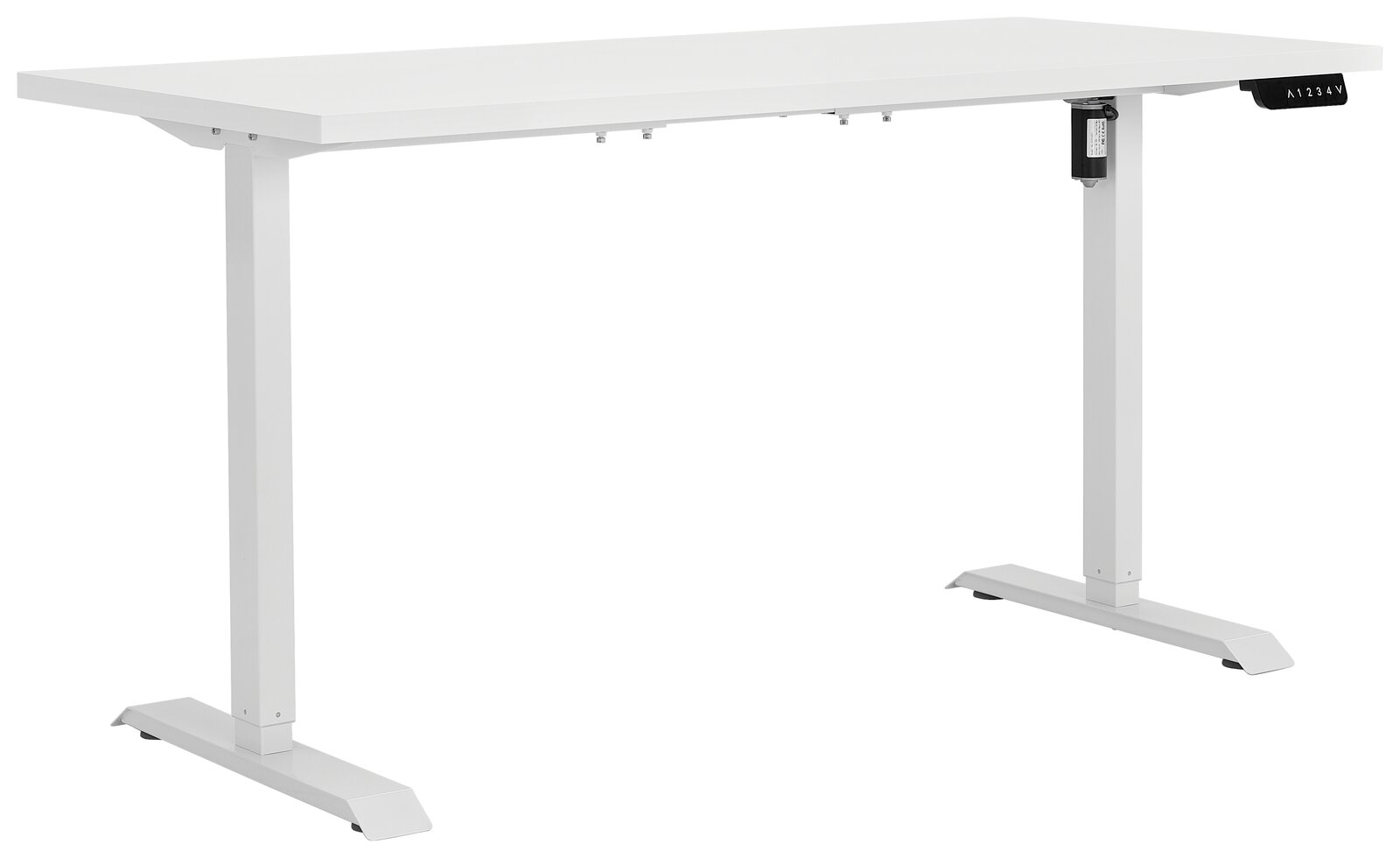 Elektrisch höhenverstellbarer Tisch in seitlicher Perspektive, weißes Design mit stabilen Metallbeinen.