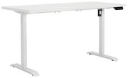 Elektrisch höhenverstellbarer Tisch in seitlicher Perspektive, weißes Design mit stabilen Metallbeinen.