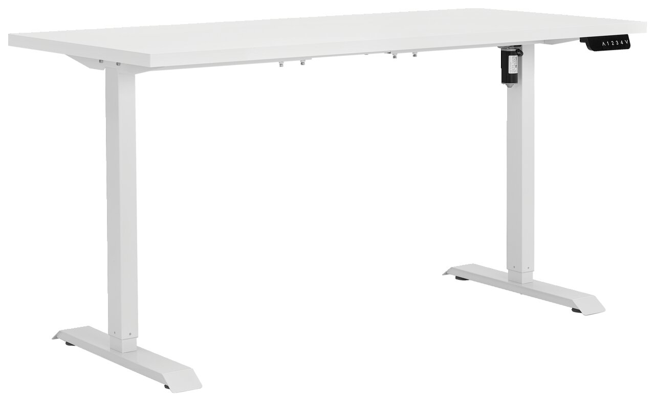Elektrisch höhenverstellbarer Tisch in seitlicher Perspektive, weißes Design mit stabilen Metallbeinen.