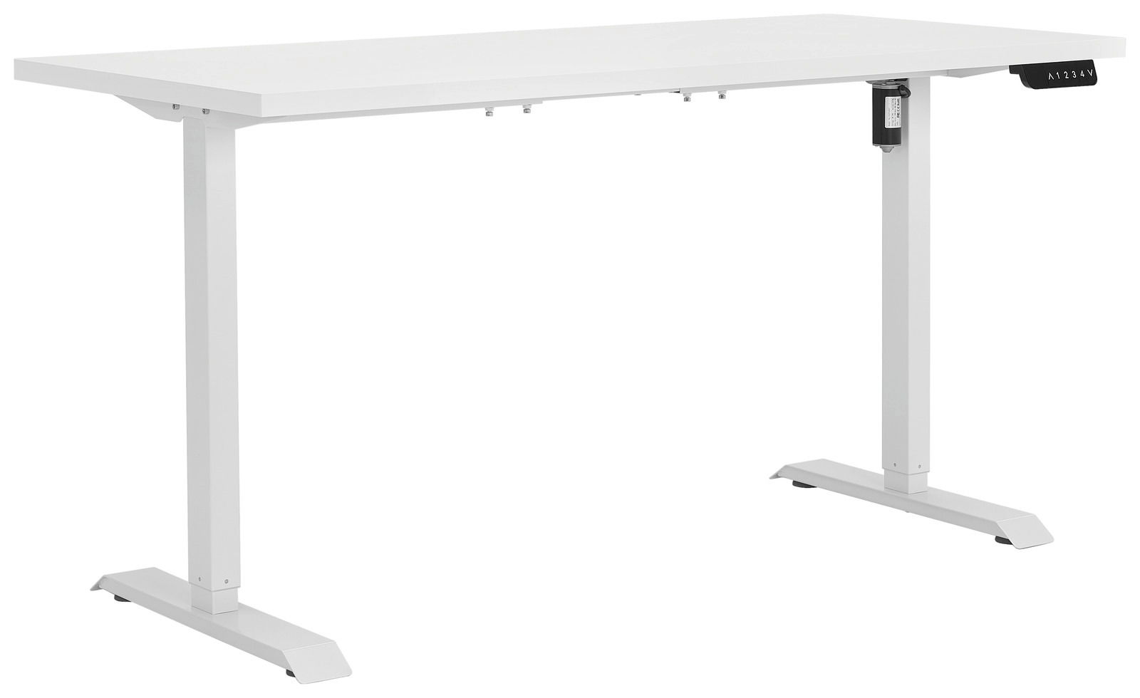 Elektrisch höhenverstellbarer Tisch in seitlicher Perspektive, weißes Design mit stabilen Metallbeinen.