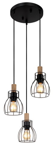 Moderne Hängeleuchte mit drei Käfiglampenschirmen aus schwarzem Metall und Holzelementen, von unten betrachtet.