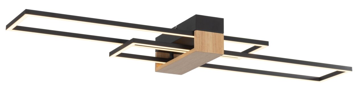 Moderne LED-Deckenleuchte mit rechteckigem Design, Holz- und Metallelementen, seitliche Perspektive