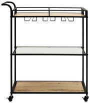 Servierwagen/Barwagen auf Rollen mit schwarzem Metallrahmen, Holzablagen und Glaszwischenboden, mit Flaschenhalter und Griff, frontal in leichter Seitenperspektive freigestellt auf weißem Hintergrund