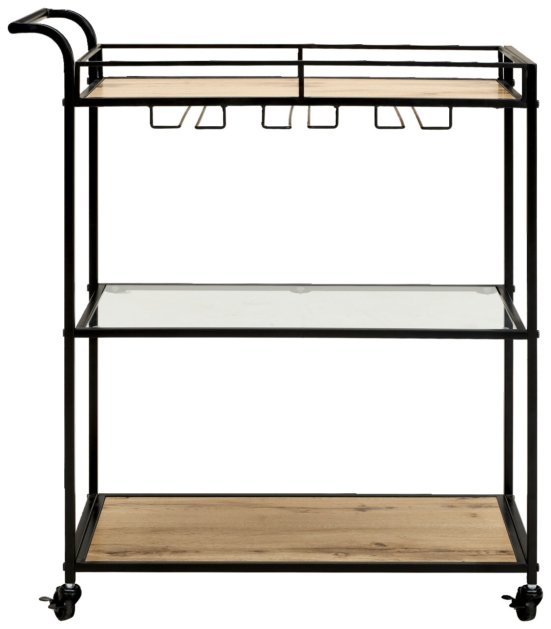 Serveerwagen/barwagen op wieltjes met een zwart metalen frame, houten planken en een glazen tussenplank, voorzien van een flessenhouder en een handgreep, vooraanzicht in licht zijdelings perspectief op een witte achtergrond