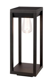 Moderne schwarze Solarleuchte in rechteckiger Form mit sichtbarer Glühbirne, seitliche Perspektive