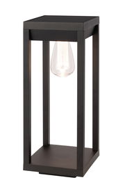 Moderne schwarze Solarleuchte in rechteckiger Form mit sichtbarer Glühbirne, seitliche Perspektive