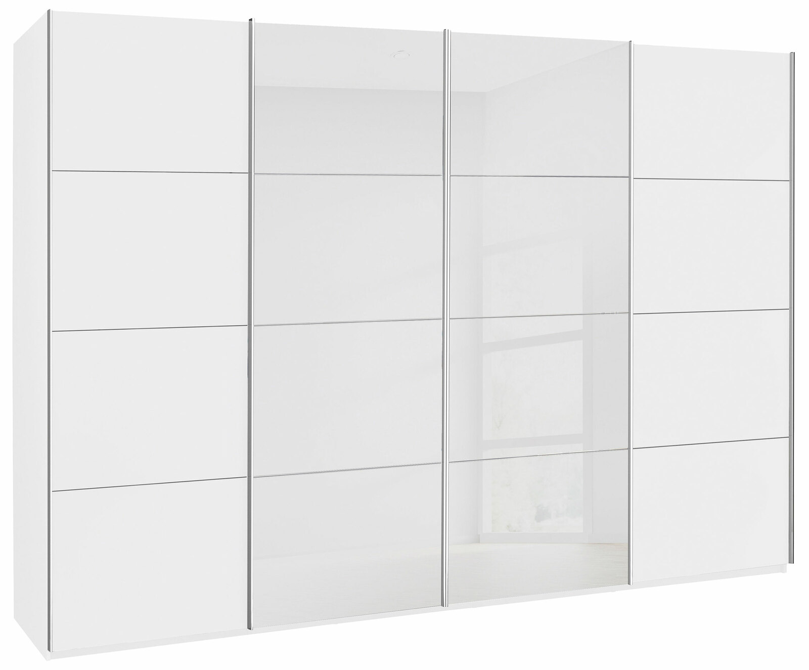 Weißer Synchron-Schwebetürenschrank mit Spiegel, Frontalansicht