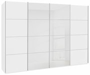 Weißer Synchron-Schwebetürenschrank mit Spiegel, Frontalansicht