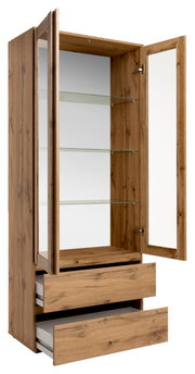 Geöffnete Vitrine aus Holz mit Glastüren und Schubladen, seitliche Perspektive