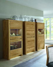 Holzvitrine mit Glaseinsätzen, links im Bild, in einem modernen Wohnzimmer mit Tageslicht.