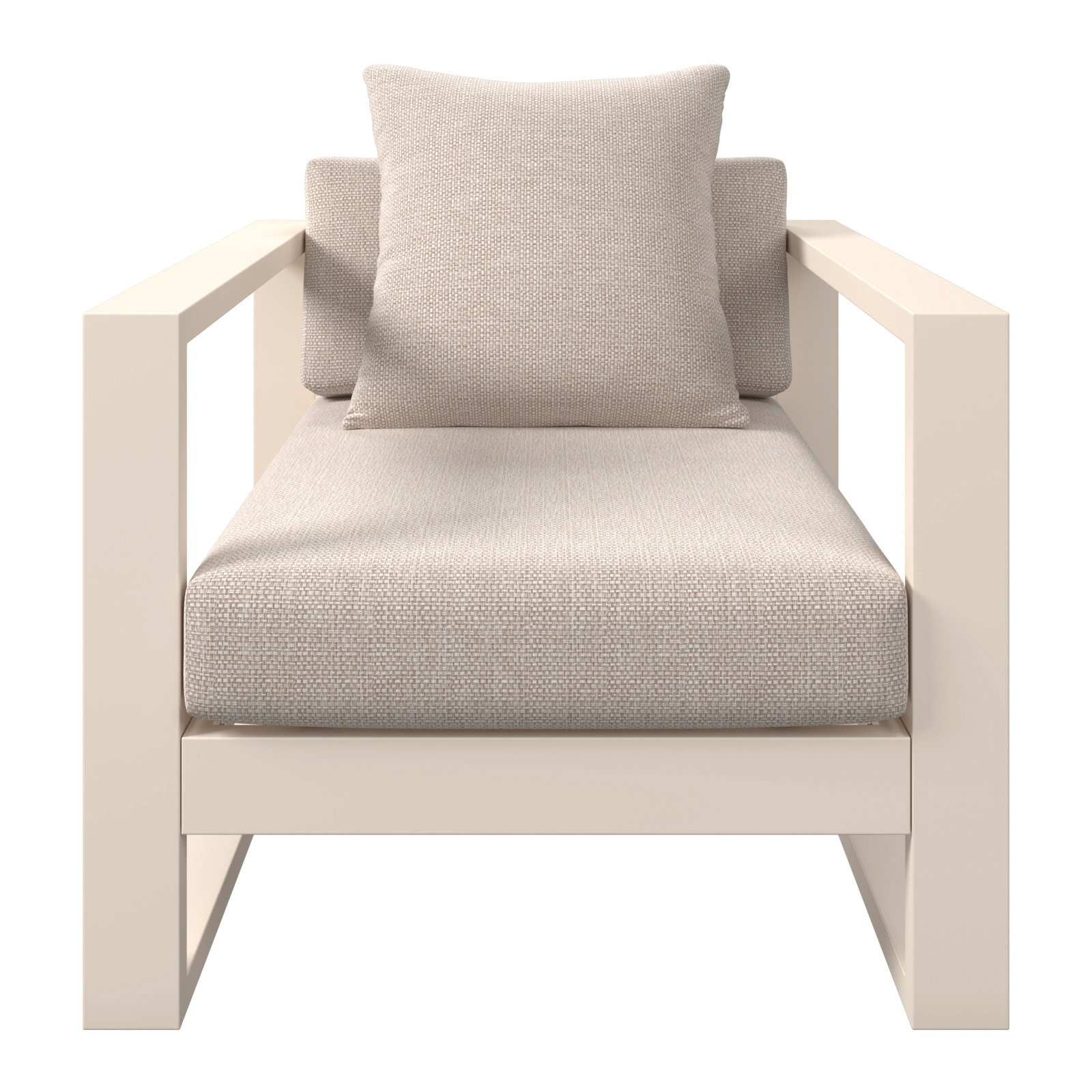 Moderner Lounge-Sessel mit beigem Kissen und Polsterung, Frontalansicht