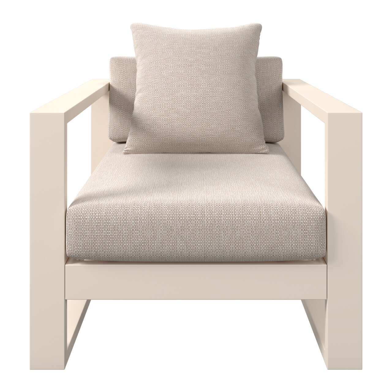 Moderner Lounge-Sessel mit beigem Kissen und Polsterung, Frontalansicht