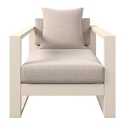 Moderne loungestoel met beige kussen en bekleding, vooraanzicht