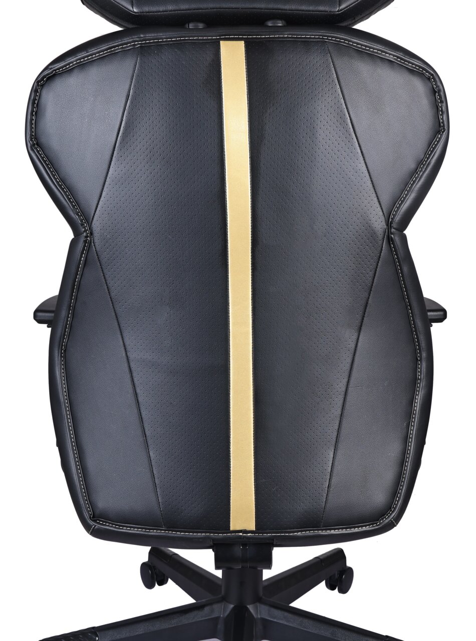 Gaming Stuhl in schwarzem Leder mit goldener Mittelstreifen, Ansicht von vorne