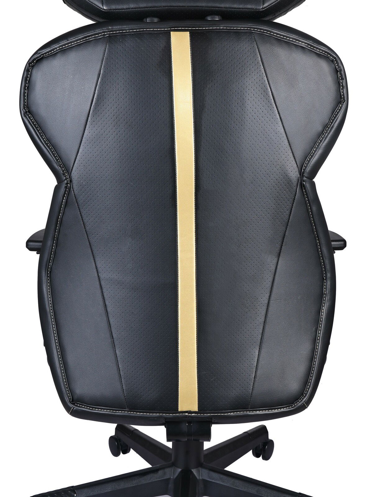 Gaming Stuhl in schwarzem Leder mit goldener Mittelstreifen, Ansicht von vorne