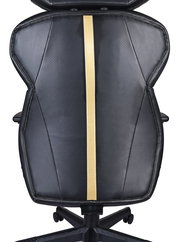 Gaming Stuhl in schwarzem Leder mit goldener Mittelstreifen, Ansicht von vorne