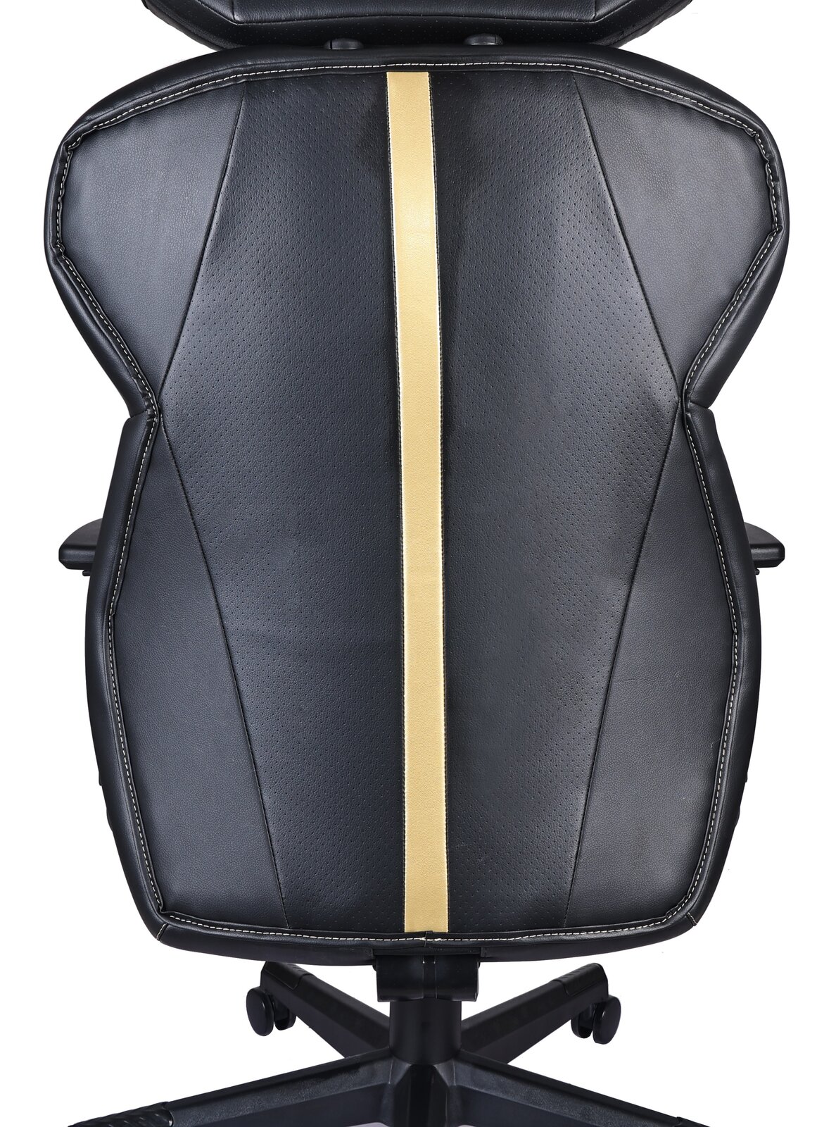Gaming Stuhl in schwarzem Leder mit goldener Mittelstreifen, Ansicht von vorne