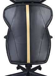 Gaming Stuhl in schwarzem Leder mit goldener Mittelstreifen, Ansicht von vorne