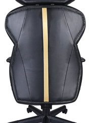Gaming Stuhl in schwarzem Leder mit goldener Mittelstreifen, Ansicht von vorne